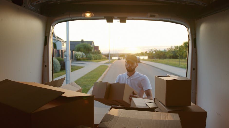 A man wearing a white polo shirt and sunglasses is seen from inside a moving van, standing at the open rear door during a home relocation. The man is carrying a cardboard box, with several other boxes